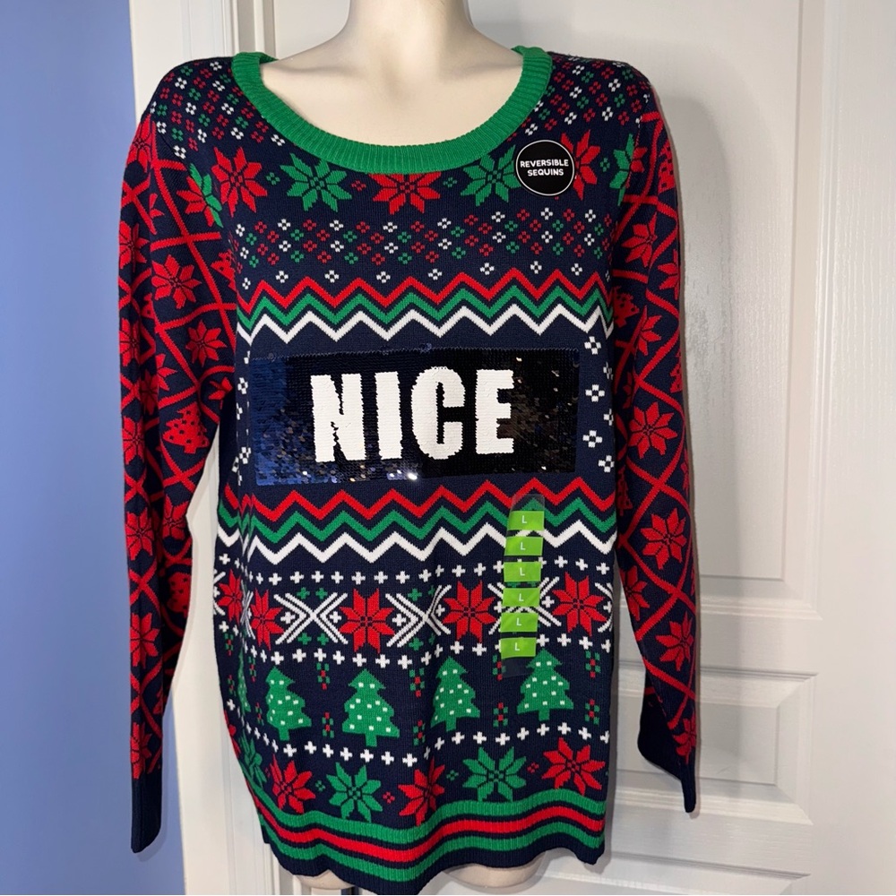 Festive Holiday Sweater Naughty or Nice with Reversible Sequins